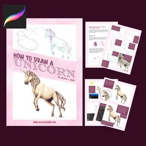 Könnte beinhalten: Ein rosa-weißes digitales Handbuch mit dem Titel "How to Draw a Unicorn" von Aileen J. Graf. Das Cover zeigt eine detaillierte Illustration eines weißen Einhorns mit einer fließenden Mähne und einem Schweif. Das Buch enthält Schritt-für-Schritt-Anleitungen und Illustrationen, die Ihnen helfen, ein Einhorn zu zeichnen.