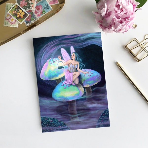 Fairy Postcard with glowing mushrooms, A6 Artprint, Fantasy artwork, fairycore Painting
