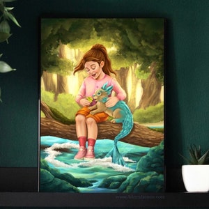 Impresión de arte mágica de Merbunny, póster A4, ilustración de criatura linda, obra de arte de sirena conejita, diseño de naturaleza colorido, arte de pared para niños de verano