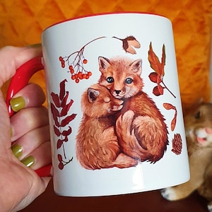 Cozy fox Mug, fox babies with autumn leaves and berries, coffee lover gift, Fall season teamug, autumn coffee mug