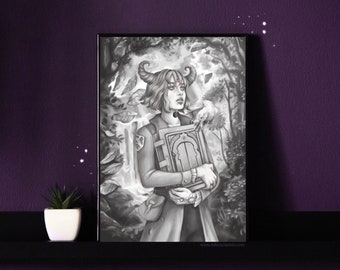 Maryllis Grayscale Portrait, A4 Artprint, Magical Grimoire Illustration, Witchy Artwork, Mystical Raven Painting, Dark Fantasy Wall art