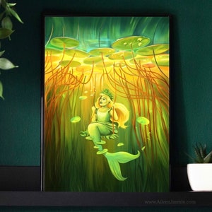 A4 Mermaid Artprint, Seaweed Queen Mermy 2023, Ilustración encantada, Arte de criaturas fantásticas, colores verdes vivos, Arte de pared de brujas marinas