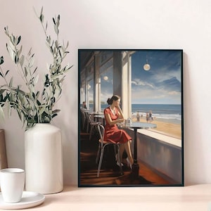 May include: A painting of a woman in a red dress sitting at a table by a window overlooking the sea. The woman is looking out the window and holding a cup. The painting is framed in black.