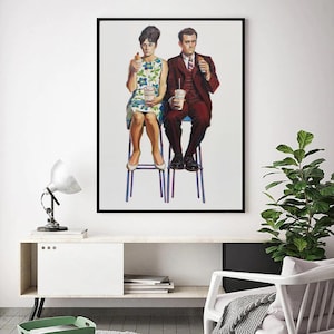 May include: A painting of a man and a woman sitting on stools, both holding food and drinks. The man is wearing a brown suit and a tie, while the woman is wearing a floral dress. The painting is set against a white background.