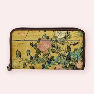 Wallet zipper compartment for Women and Men inspired by Japanese Art Flowers, Wallet Leather and Silk print, Wallet coin purse, Gifts Ideas.
