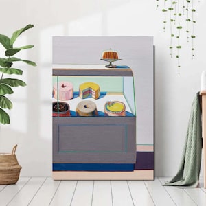 Puede incluir: Una pintura que representa una vitrina de vidrio llena de diferentes pasteles. La vitrina es gris con una base azul y una parte superior amarilla. Los pasteles son de diferentes colores y formas, incluyendo un pastel rosa con una cereza roja en la parte superior, un pastel amarillo con un centro rosa y blanco, un pastel marrón con un centro blanco y un pastel amarillo con un centro verde y blanco. También hay un pastel marrón con una cúpula blanca en la parte superior de la vitrina.