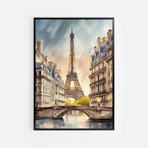 Puede incluir: Una pintura de acuarela de la Torre Eiffel en París, Francia. La torre está en el centro de la imagen, con edificios a cada lado y un puente en primer plano. El cielo es de un azul claro con nubes.