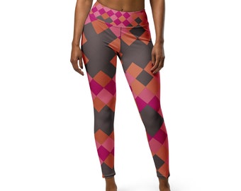 Abstract Leggings with squares in Pink colors, High Waist Leggings, Yoga Leggings, Women Leggings, Colorful Leggings, and Custom Leggings.