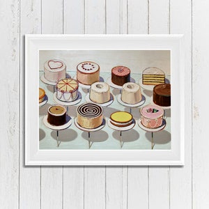 Puede incluir: Una pintura de una variedad de pasteles en soportes. Los pasteles están decorados con diferentes colores y diseños, incluyendo espirales, corazones y flores. Los pasteles están dispuestos sobre un fondo azul claro.