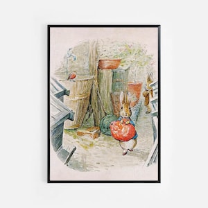 Puede incluir: Una ilustración de acuarela de un conejo que lleva una bolsa roja, caminando por un jardín con un pájaro y otros conejos en el fondo.