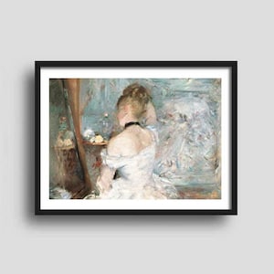 May include: Framed art print of a woman in a white dress, facing a mirror. The painting features soft brushstrokes and a muted color palette of blues, whites, and browns. The woman is wearing a black choker.
