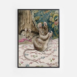May include: A watercolor illustration of three mice sewing with pink thread. The mice are sitting on a floral patterned fabric. The mouse in the foreground is holding a needle and thread in its paws.