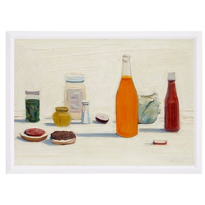 May include: A still life painting of a variety of condiments and food items, including a bottle of orange juice, a jar of mustard, a bottle of ketchup, a jar of mayonnaise, and two hamburger buns. The items are arranged on a white surface with a light brown background.