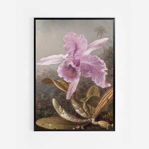 Puede incluir: Una pintura de una orquídea rosa con un centro morado, sobre un fondo borroso de follaje verde y una palmera.