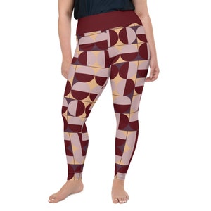 Puede incluir: Leggings de cintura alta con estampado geométrico rojo, beige y morado.
