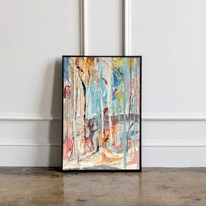 Puede incluir: Pintura abstracta de una escena de bosque con colores azules, verdes, amarillos y rojos. La pintura está enmarcada en negro.