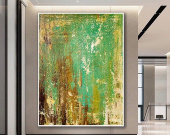 Large Green Brown Abstract Painting, Textured Canvas Wall Art