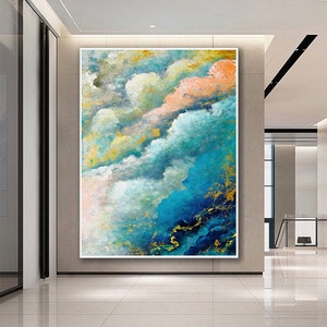 Large Abstract Painting,Modern Abstract,Oil hand painting,Gold Canvas Painting,Blue Abstract Painting,Painting on Canvas,Cloud Painting,SA29