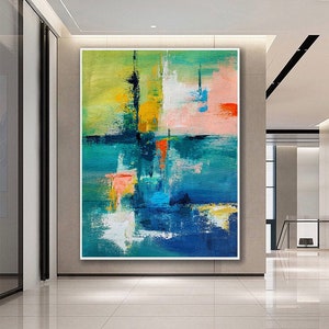 Pinturas sobre lienzo, lienzo de arte de pared, arte de pared grande, pintura abstracta azul amarilla y rosa, arte abstracto de lienzo, decoración de oficina, decoración del hogar, NI0090