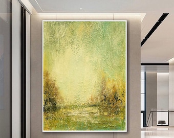 Green Brown Abstract Painting, Knife Palette Texture, Large Canvas Art