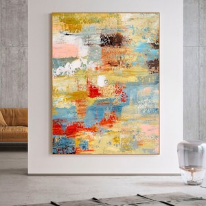 Pintura abstracta grande, arte mural moderno, pinturas sobre lienzo, arte abstracto con cuchillo, pintura abstracta amarilla y roja, arte mural de lienzo, arte mural, # 0029
