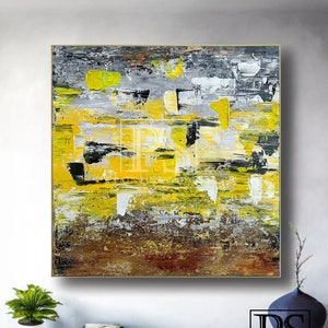 Extra Large Abstract Painting With Yellow Twist, Original Minimalist Gray & Yellow Canvas Art, Minimalist Yellow Artwork, Gift For Him