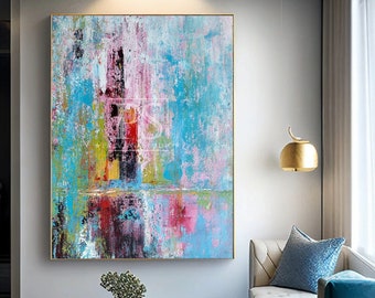 Fancy Colorful Abstract Art Red Blue, Large Brush Strokes Painting On Canvas, Modern Oversize Wall Decor, Living Room Art,