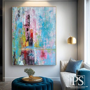Ausgefallene bunte abstrakte Kunst rot blau, große Pinselstriche Malerei auf Leinwand, moderne Oversize Wand-Dekor, Wohnzimmer Kunst,