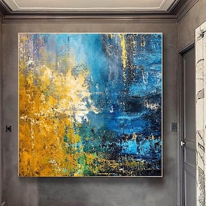 Gran abstracto, arte de pared grande, pintura abstracta, pintura azul y dorada, pintura abstracta, pintura original, pinturas sobre lienzo, NI00013