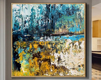 Large Abstract Painting, Dark Blue and Gold, Minimalist Wall Art