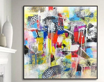 Teal Red Yellow Abstract Painting, Textured Original Canvas Wall Art
