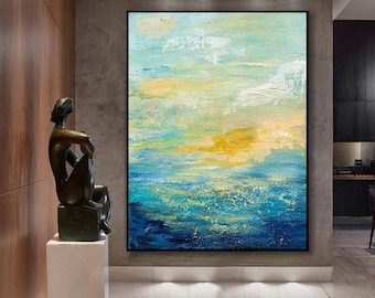 Extra Large Wall Art,Landscape Painting,Sunset,Blue & Yellow Abstract Painting,Canvas Wall Art,Paintings on Canvas,Home Decor,Wall Art,SL052