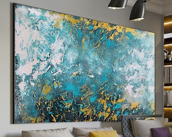 Extra Large Painting,Teal Blue And Gold Abstract Painting,Abstract Painting, Xl Painting, Oversized Abstract Painting, Wall Art,PA62