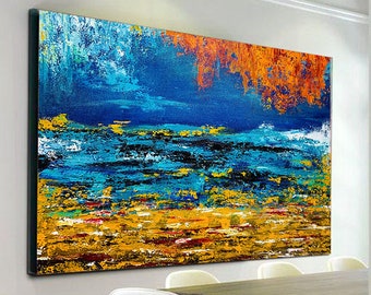 Landscape Painting,Large Wall Art,Paintings on Canvas,Canvas Wall Art,Gold & Blue Abstract Painting,READY TO SHIP (36"Width x 24"Height)RTS2