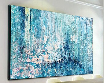 Extra Large Blue Abstract Painting, Textured Canvas Wall Art