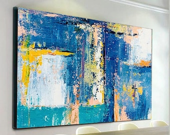 Blue and White Abstract Acrylic Painting, Modern Home Decor