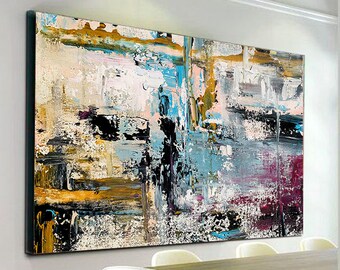 Extra Large Textured Abstract Painting, Hand Painted Panoramic Canvas Art