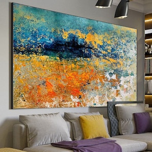 Large Abstract Painting,Modern Abstract Painting,Oil Hand Painting, Gold Canvas Painting,Orange Abstract Painting,Large Panoramic Art,SA0020