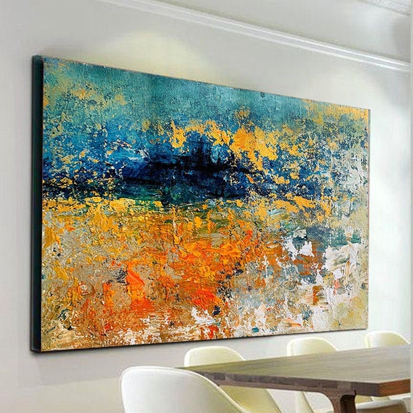 Extra Large Wall Art,Textured Painting,Original Painting,Teal Orange & Gold Abstract Painting,Bathroom Decor,Paintings on Canvas,SA0020