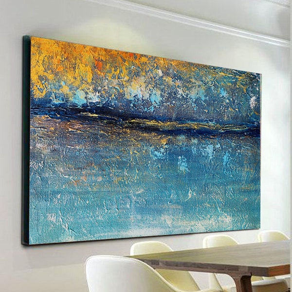 Bright Color Textured Acrylic Long Slim Panoramic Painting Extra Large Blue Abstract Hand Painted Modern Oversize Abstract Wall Art,PA0055