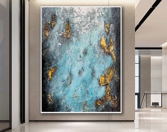 Modern Wall Art,Blue Teal & Gold Abstract Painting,Large Wall Art,Canvas Wall Art,Office Wall Art,Texture Art,Original Painting,PA0072