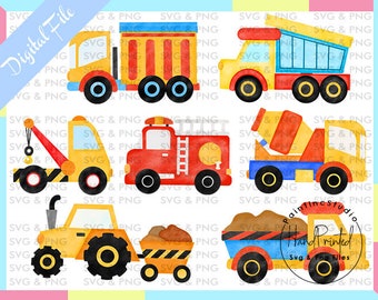 Watercolor Construction Trucks Clipart Set (Digital Download)