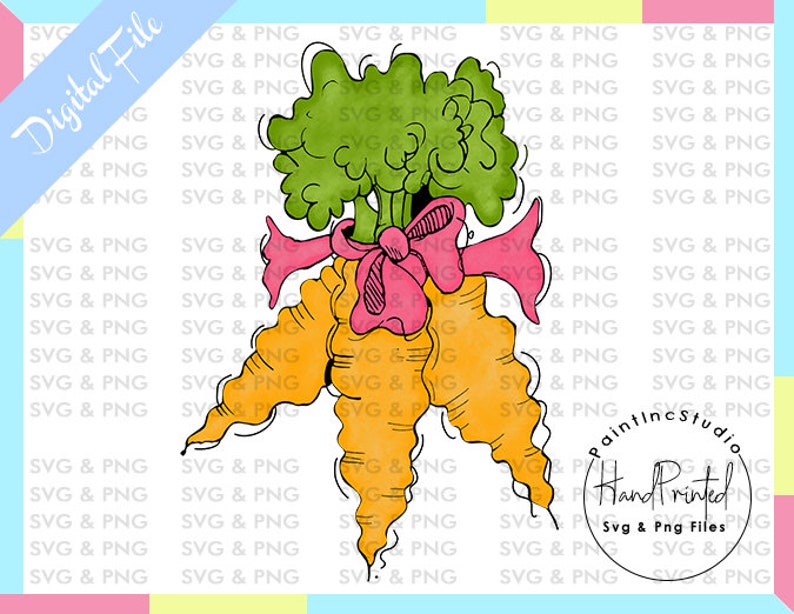 Pode incluir: Ilustra&ccedil;&atilde;o em aquarela de cenouras com folhas verdes amarradas com um la&ccedil;o rosa. A imagem tem o texto "Digital File" e "Hand Painted SVG & PNG Files". As cenouras s&atilde;o laranja e as folhas s&atilde;o verdes.