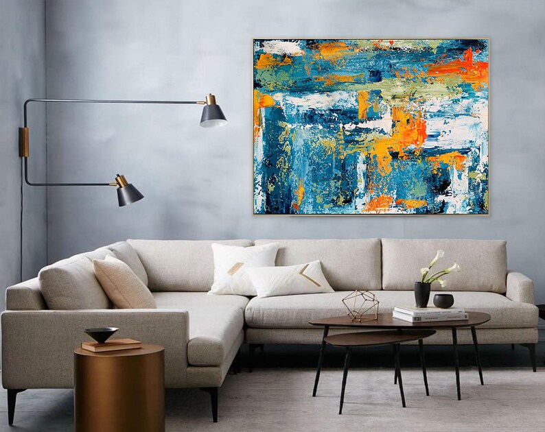 Large Wall Artcanvas Wall Artteal Blue & Orange Abstract Etsy