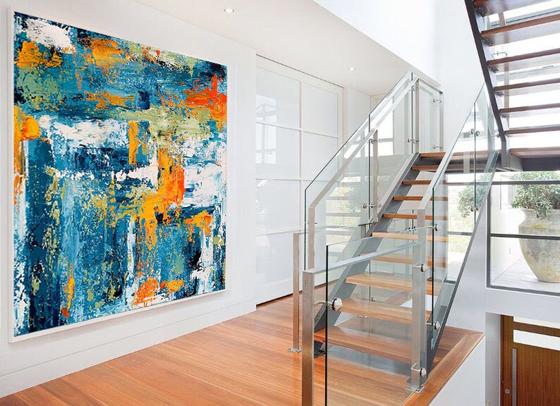 Large Wall Artcanvas Wall Artteal Blue & Orange Abstract Etsy