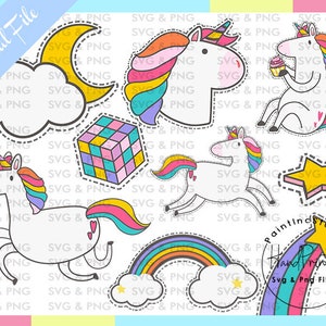 Puede incluir: Un conjunto de pegatinas digitales con unicornios, arco&iacute;ris, estrellas, un cubo de Rubik y una luna creciente. Los unicornios tienen crines y colas coloridas. El texto "Digital File" est&aacute; en la esquina superior izquierda.