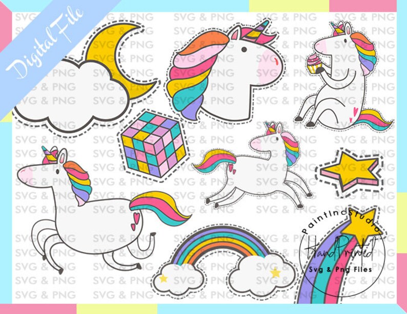 Puede incluir: Un conjunto de pegatinas digitales con unicornios, arco&iacute;ris, estrellas, un cubo de Rubik y una luna creciente. Los unicornios tienen crines y colas coloridas. El texto "Digital File" est&aacute; en la esquina superior izquierda.