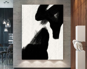 Minimalist Black and White Abstract Painting, Large Canvas Wall Art