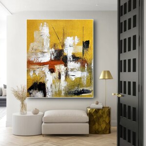 Yellow Abstract Canvas Wall Art – Modern Textured Painting for Dining & Living Room Decor