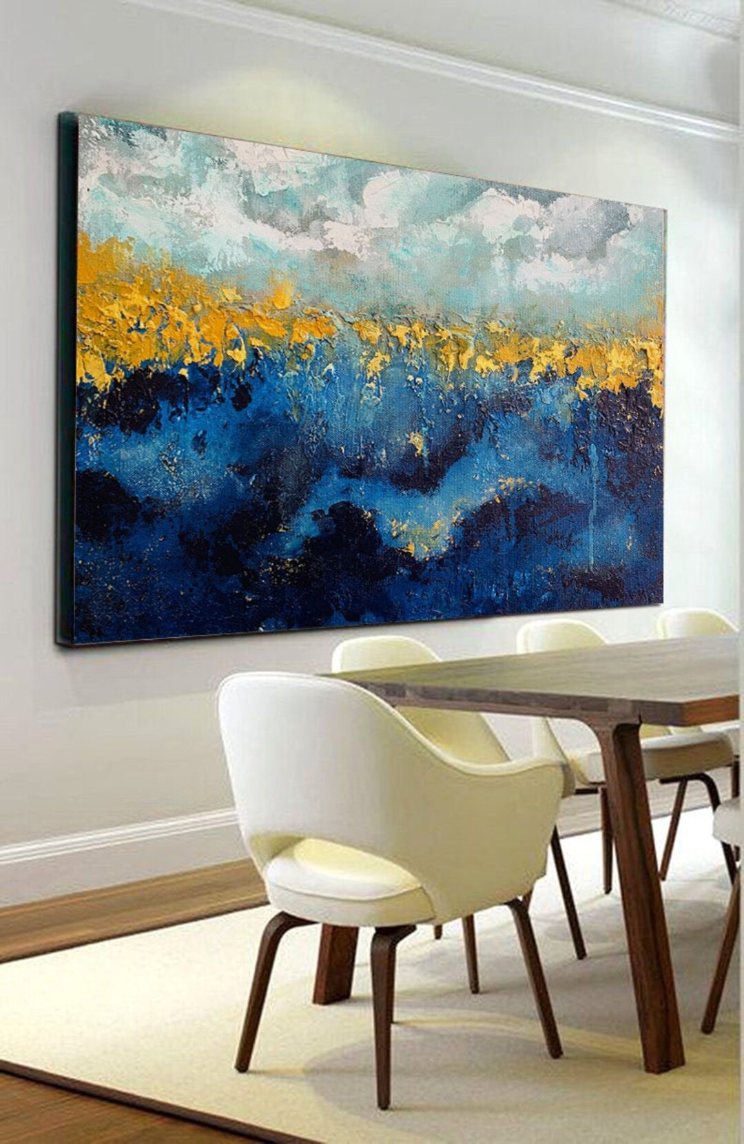 Large Blue & Gold Abstract Painting, Ocean Canvas Wall Art - Etsy